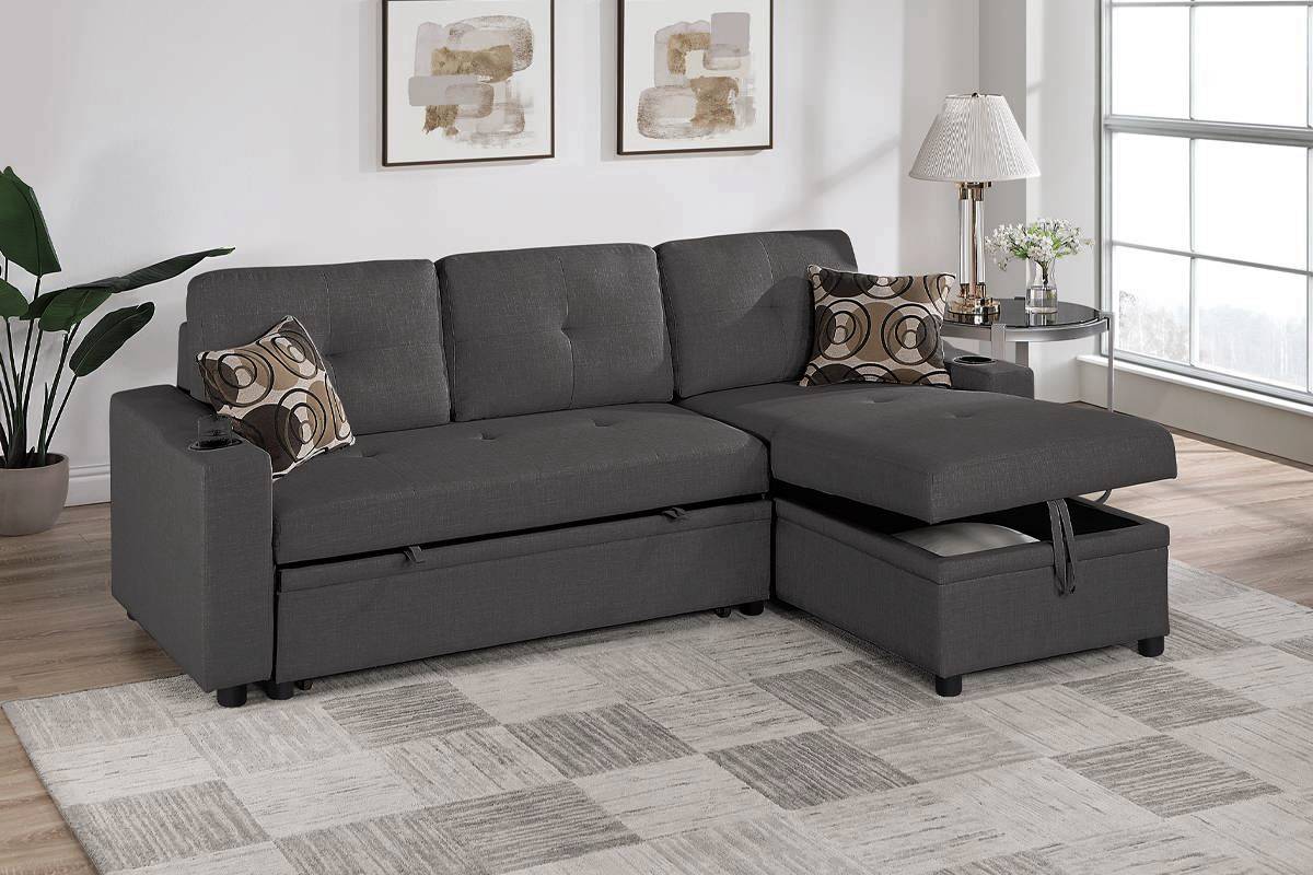 Sofa Chaise Sectional with Pull-Out Sleeper and Storage and Cup Holders
