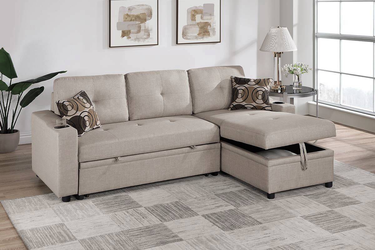 Sofa Chaise Sectional with Pull-Out Sleeper and Storage and Cup Holders
