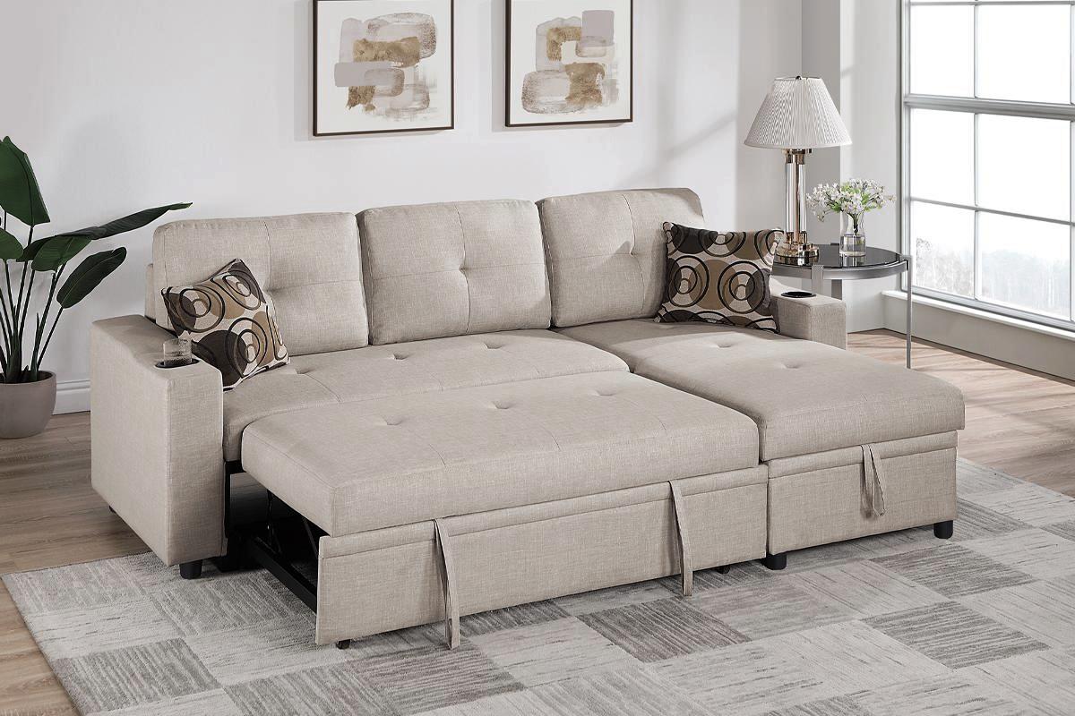 Sofa Chaise Sectional with Pull-Out Sleeper and Storage and Cup Holders