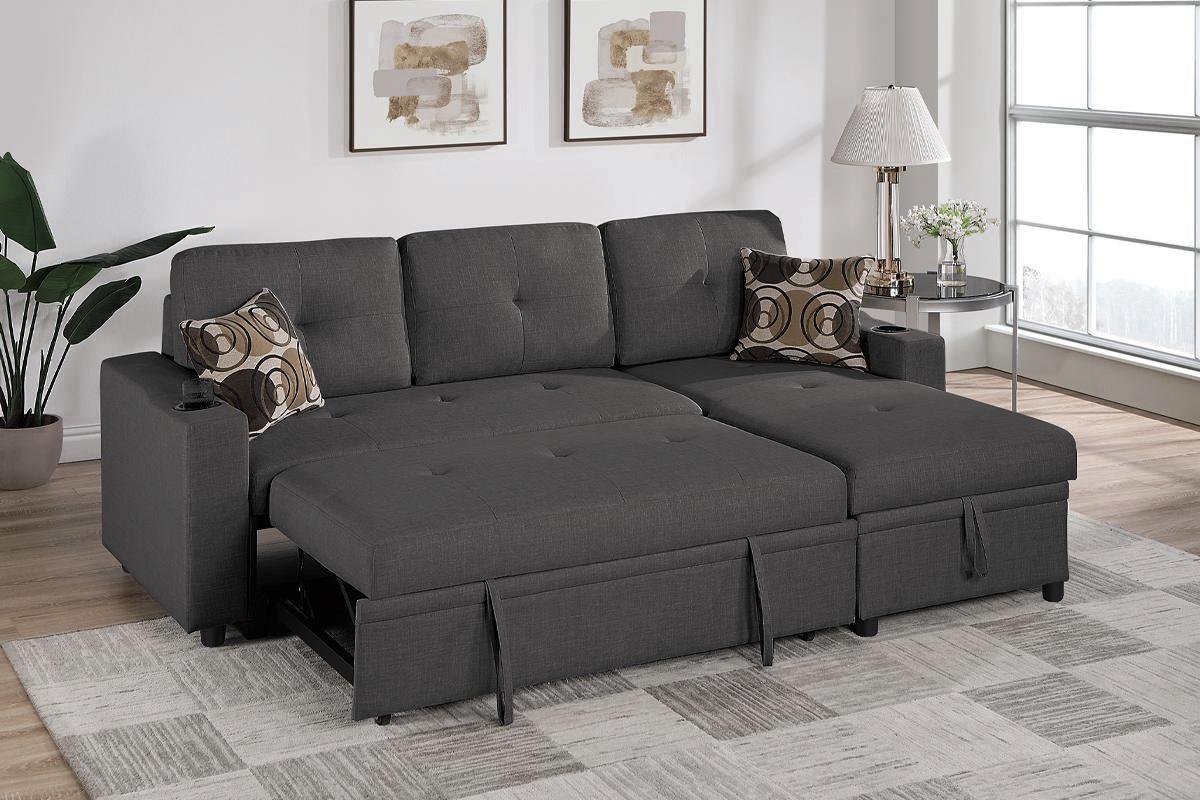 Sofa Chaise Sectional with Pull-Out Sleeper and Storage and Cup Holders